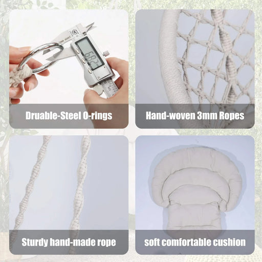 Macrame Hanging Hammock Chair with Cushion, Cotton Rope Swing for Indoor and Outdoor Use, 330 lbs Capacity Default -DTYStore