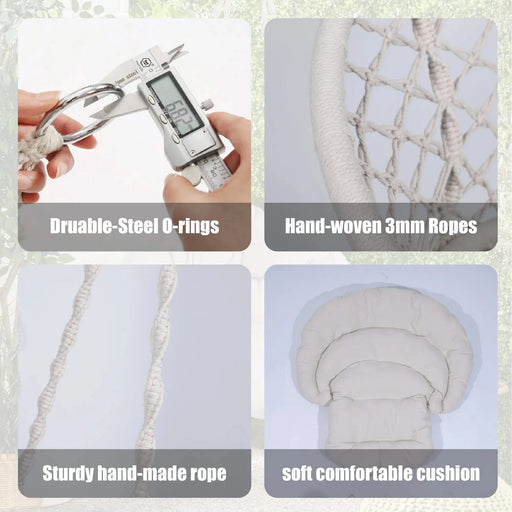 Macrame Hanging Hammock Chair with Cushion, Cotton Rope Swing for Indoor and Outdoor Use, 330 lbs Capacity Default -DTYStore