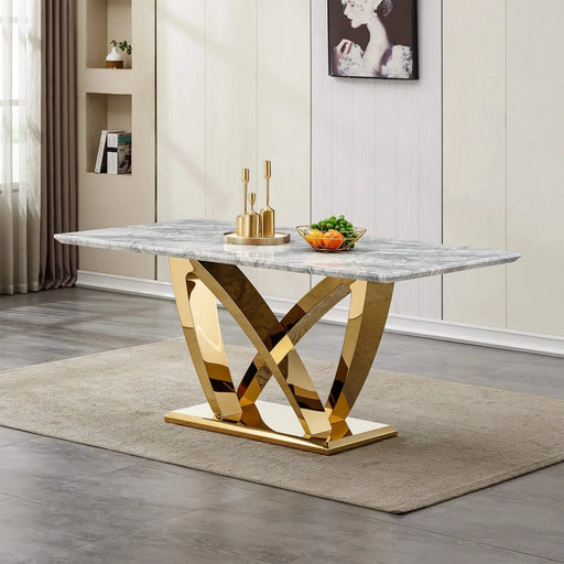 Marble Dining Table for 6 People, 70'' Rectangle Faux Marble Dining Table with Mirrored Finish Stainless Steel Base, Modern Large Size Marble Kitchen Table (Gold,Gray)(only table) Default -DTYStore