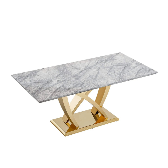 Marble Dining Table for 6 People, 70'' Rectangle Faux Marble Dining Table with Mirrored Finish Stainless Steel Base, Modern Large Size Marble Kitchen Table (Gold,Gray)(only table) Default -DTYStore