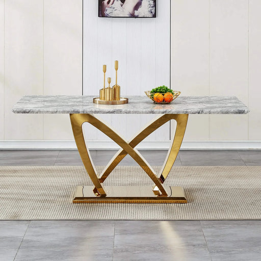 Marble Dining Table for 6 People, 70'' Rectangle Faux Marble Dining Table with Mirrored Finish Stainless Steel Base, Modern Large Size Marble Kitchen Table (Gold,Gray)(only table) Default -DTYStore