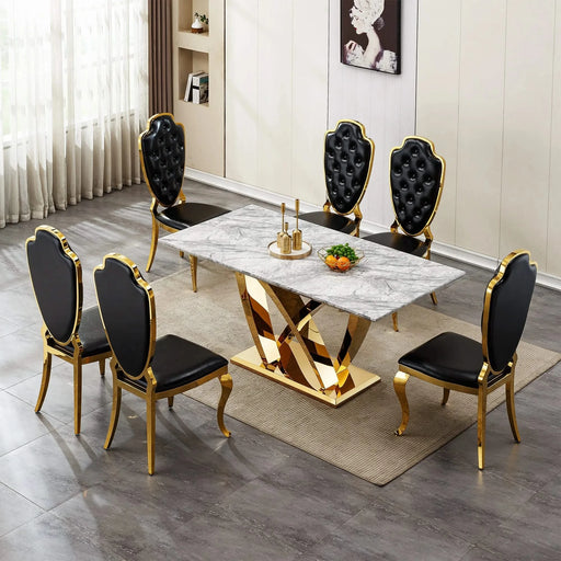Marble Dining Table for 6 People, 70'' Rectangle Faux Marble Dining Table with Mirrored Finish Stainless Steel Base, Modern Large Size Marble Kitchen Table (Gold,Gray)(only table) Default -DTYStore