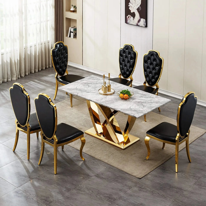 Marble Dining Table for 6 People, 70'' Rectangle Faux Marble Dining Table with Mirrored Finish Stainless Steel Base, Modern Large Size Marble Kitchen Table (Gold,Gray)(only table) Default -DTYStore
