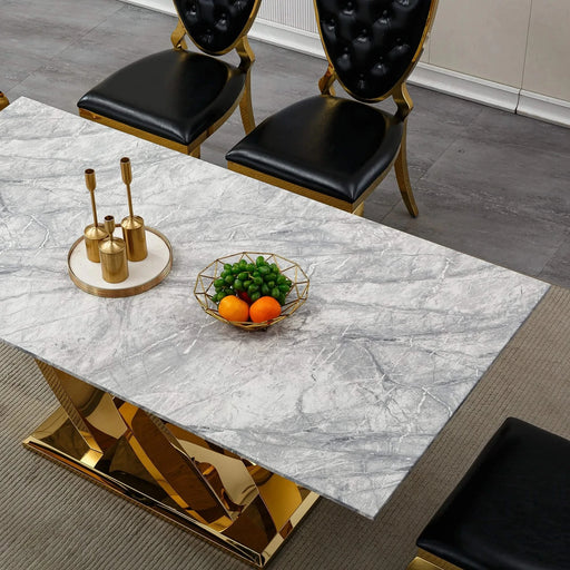 Marble Dining Table for 6 People, 70'' Rectangle Faux Marble Dining Table with Mirrored Finish Stainless Steel Base, Modern Large Size Marble Kitchen Table (Gold,Gray)(only table) Default -DTYStore