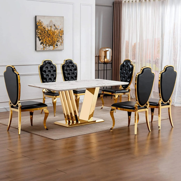 Marble Dining Table for 6 People, 70'' Rectangle Faux Marble Dining Table with Mirrored Finish Stainless Steel Base, Modern Large Size Marble Kitchen Table (Gold,White)(only table) Default -DTYStore