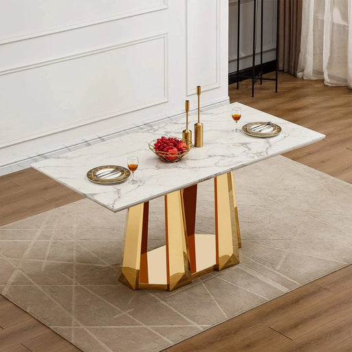 Marble Dining Table for 6 People, 70'' Rectangle Faux Marble Dining Table with Mirrored Finish Stainless Steel Base, Modern Large Size Marble Kitchen Table (Gold,White)(only table) Default -DTYStore