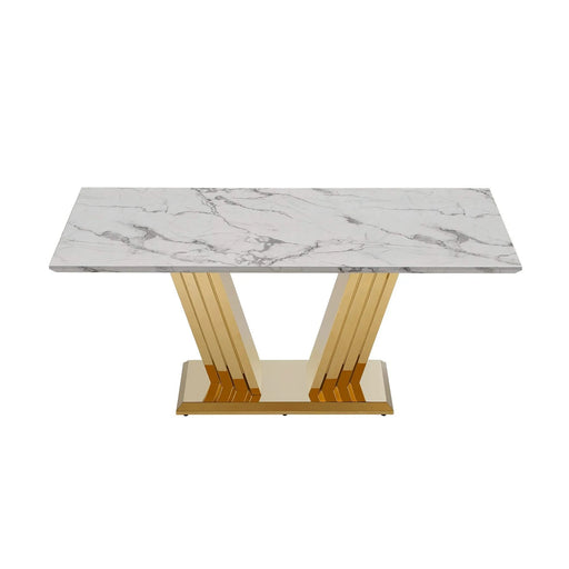 Marble Dining Table for 6 People, 70'' Rectangle Faux Marble Dining Table with Mirrored Finish Stainless Steel Base, Modern Large Size Marble Kitchen Table (Gold,White)(only table) Default -DTYStore