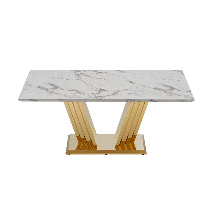 Marble Dining Table for 6 People, 70'' Rectangle Faux Marble Dining Table with Mirrored Finish Stainless Steel Base, Modern Large Size Marble Kitchen Table (Gold,White)(only table) Default -DTYStore