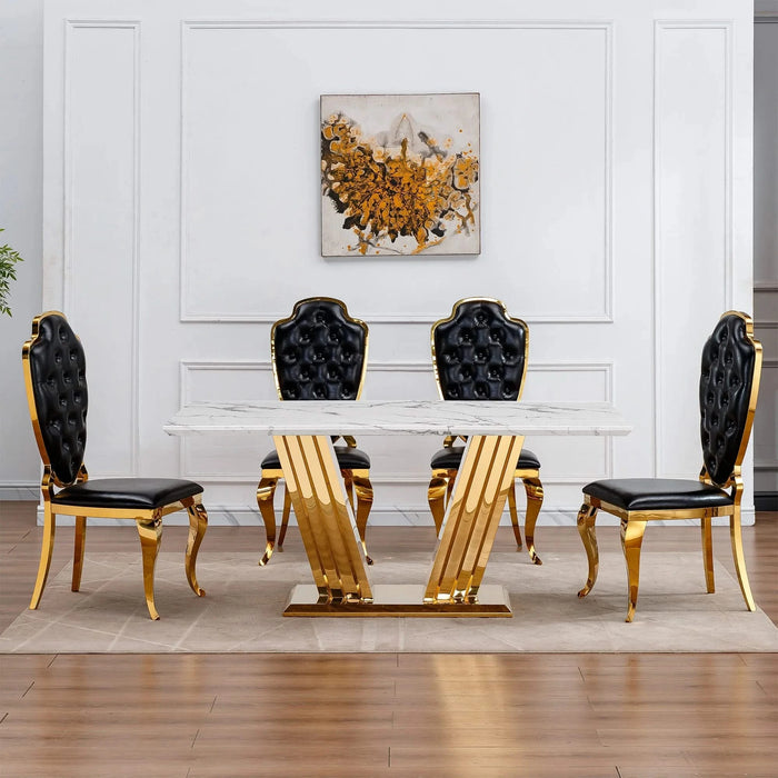 Marble Dining Table for 6 People, 70'' Rectangle Faux Marble Dining Table with Mirrored Finish Stainless Steel Base, Modern Large Size Marble Kitchen Table (Gold,White)(only table) Default -DTYStore