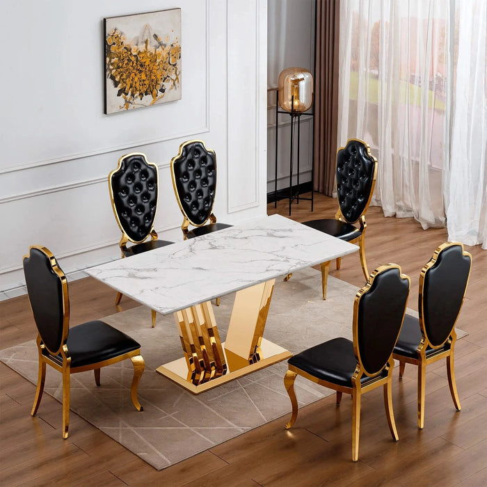 Marble Dining Table for 6 People, 70'' Rectangle Faux Marble Dining Table with Mirrored Finish Stainless Steel Base, Modern Large Size Marble Kitchen Table (Gold,White)(only table) Default -DTYStore
