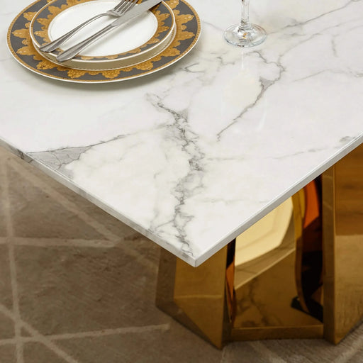 Marble Dining Table for 6 People, 70'' Rectangle Faux Marble Dining Table with Mirrored Finish Stainless Steel Base, Modern Large Size Marble Kitchen Table (Gold,White)(only table) Default -DTYStore
