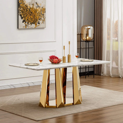 Marble Dining Table for 6 People, 70'' Rectangle Faux Marble Dining Table with Mirrored Finish Stainless Steel Base, Modern Large Size Marble Kitchen Table (Gold,White)(only table) Default -DTYStore
