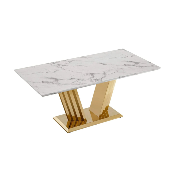 Marble Dining Table for 6 People, 70'' Rectangle Faux Marble Dining Table with Mirrored Finish Stainless Steel Base, Modern Large Size Marble Kitchen Table (Gold,White)(only table) Default -DTYStore