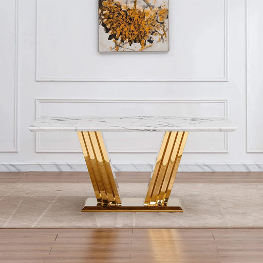 Marble Dining Table for 6 People, 70'' Rectangle Faux Marble Dining Table with Mirrored Finish Stainless Steel Base, Modern Large Size Marble Kitchen Table (Gold,White)(only table) Default -DTYStore