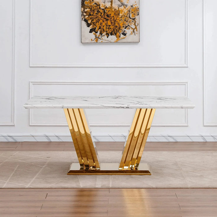 Marble Dining Table for 6 People, 70'' Rectangle Faux Marble Dining Table with Mirrored Finish Stainless Steel Base, Modern Large Size Marble Kitchen Table (Gold,White)(only table) Default -DTYStore