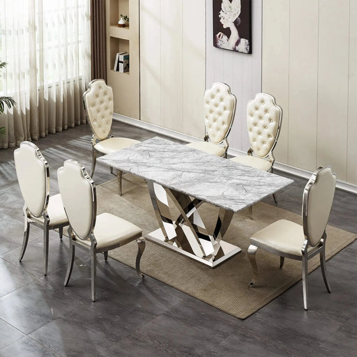 Marble Dining Table for 6 People, 70'' Rectangle Faux Marble Dining Table with Mirrored Finish Stainless Steel Base, Modern Large Size Marble Kitchen Table (Silver,Grey)(only table) Default -DTYStore