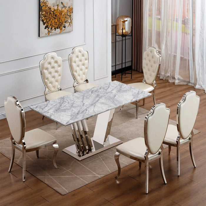 Marble Dining Table for 6 People, 70'' Rectangle Faux Marble Dining Table with Mirrored Finish Stainless Steel Base, Modern Large Size Marble Kitchen Table (Silver,Grey)(only table) Default -DTYStore