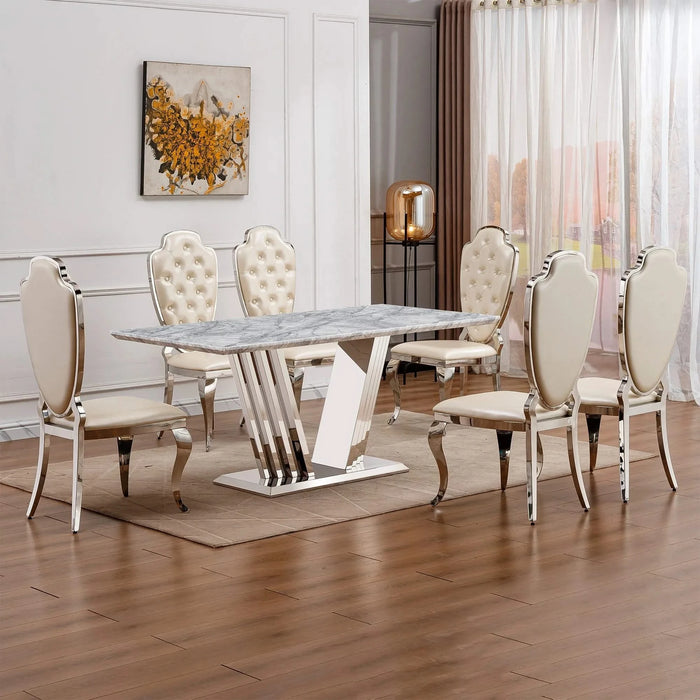 Marble Dining Table for 6 People, 70'' Rectangle Faux Marble Dining Table with Mirrored Finish Stainless Steel Base, Modern Large Size Marble Kitchen Table (Silver,Grey)(only table) Default -DTYStore