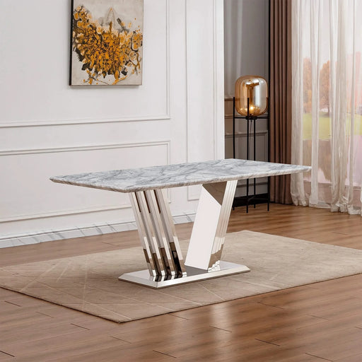 Marble Dining Table for 6 People, 70'' Rectangle Faux Marble Dining Table with Mirrored Finish Stainless Steel Base, Modern Large Size Marble Kitchen Table (Silver,Grey)(only table) Default -DTYStore