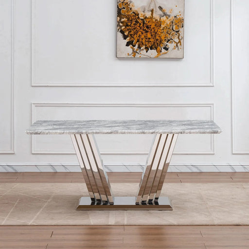 Marble Dining Table for 6 People, 70'' Rectangle Faux Marble Dining Table with Mirrored Finish Stainless Steel Base, Modern Large Size Marble Kitchen Table (Silver,Grey)(only table) Default -DTYStore