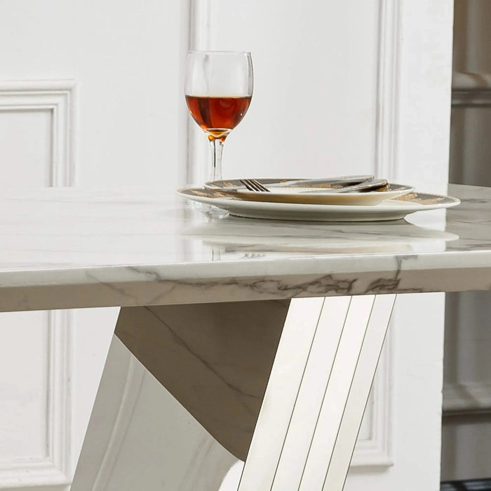 Marble Dining Table for 6 People, 70'' Rectangle Faux Marble Dining Table with Mirrored Finish Stainless Steel Base, Modern Large Size Marble Kitchen Table (Silver,White)(only table) Default -DTYStore