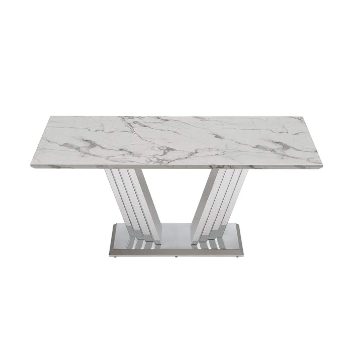 Marble Dining Table for 6 People, 70'' Rectangle Faux Marble Dining Table with Mirrored Finish Stainless Steel Base, Modern Large Size Marble Kitchen Table (Silver,White)(only table) Default -DTYStore