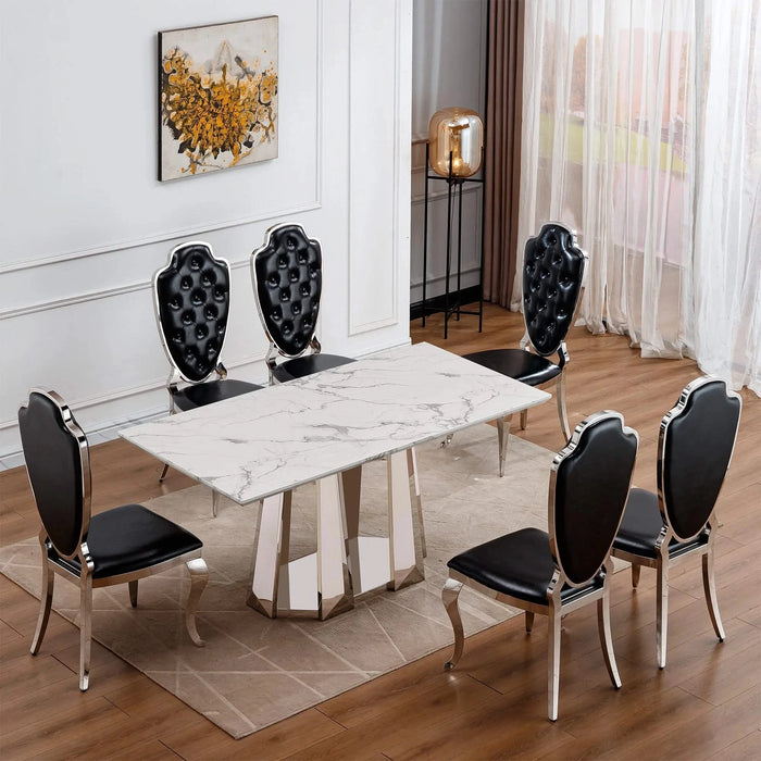 Marble Dining Table for 6 People, 70'' Rectangle Faux Marble Dining Table with Mirrored Finish Stainless Steel Base, Modern Large Size Marble Kitchen Table (Silver,White)(only table) Default -DTYStore