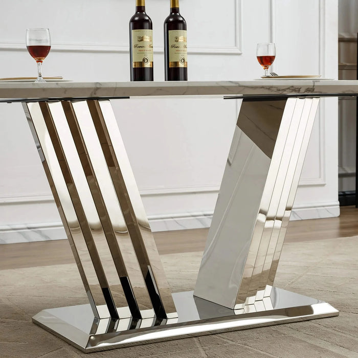 Marble Dining Table for 6 People, 70'' Rectangle Faux Marble Dining Table with Mirrored Finish Stainless Steel Base, Modern Large Size Marble Kitchen Table (Silver,White)(only table) Default -DTYStore