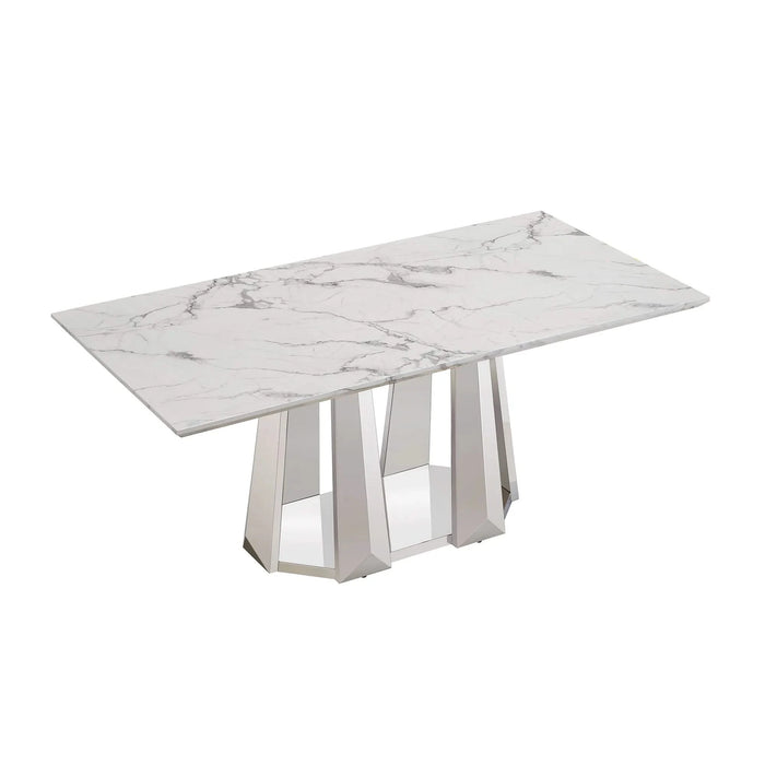 Marble Dining Table for 6 People, 70'' Rectangle Faux Marble Dining Table with Mirrored Finish Stainless Steel Base, Modern Large Size Marble Kitchen Table (Silver,White)(only table) Default -DTYStore