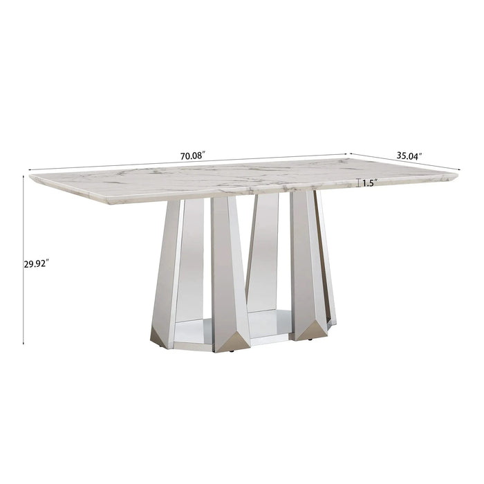 Marble Dining Table for 6 People, 70'' Rectangle Faux Marble Dining Table with Mirrored Finish Stainless Steel Base, Modern Large Size Marble Kitchen Table (Silver,White)(only table) Default -DTYStore