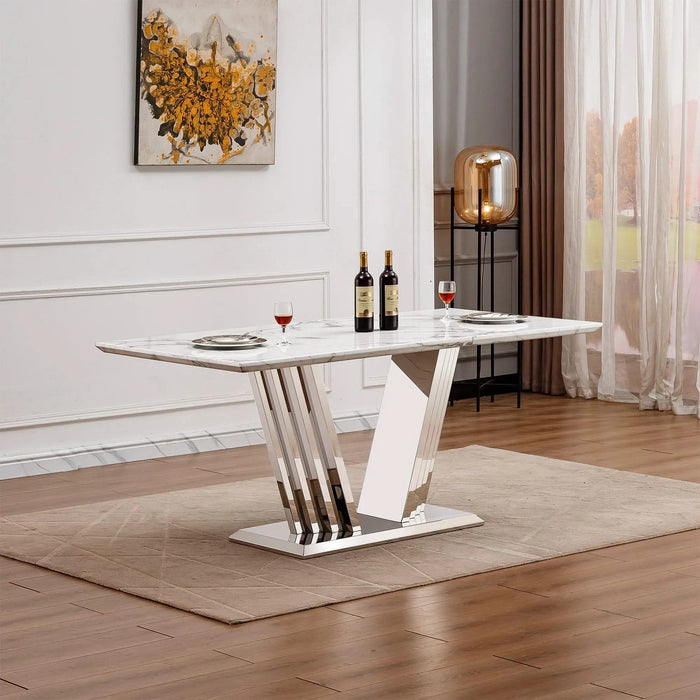 Marble Dining Table for 6 People, 70'' Rectangle Faux Marble Dining Table with Mirrored Finish Stainless Steel Base, Modern Large Size Marble Kitchen Table (Silver,White)(only table) Default -DTYStore