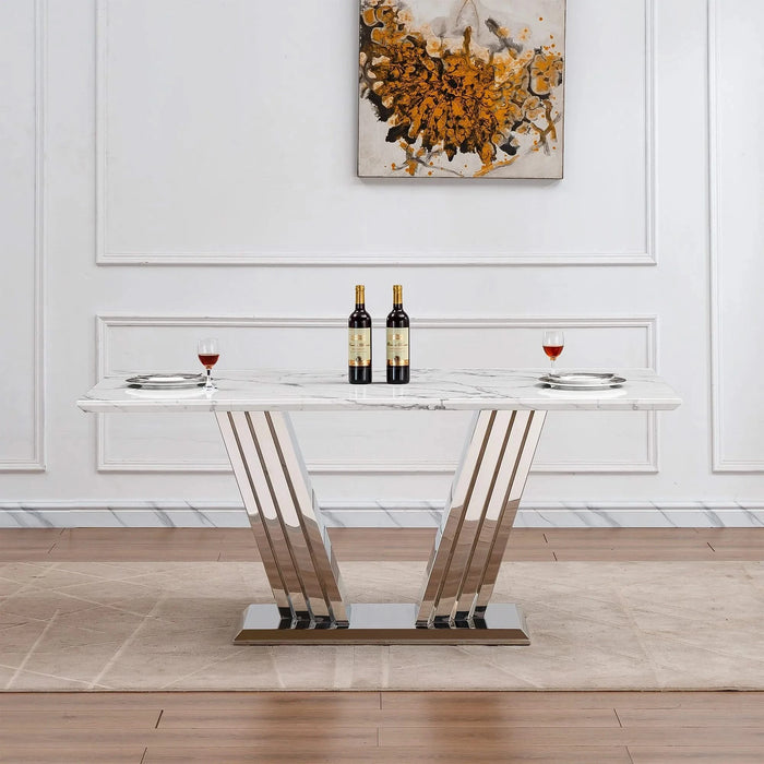 Marble Dining Table for 6 People, 70'' Rectangle Faux Marble Dining Table with Mirrored Finish Stainless Steel Base, Modern Large Size Marble Kitchen Table (Silver,White)(only table) Default -DTYStore