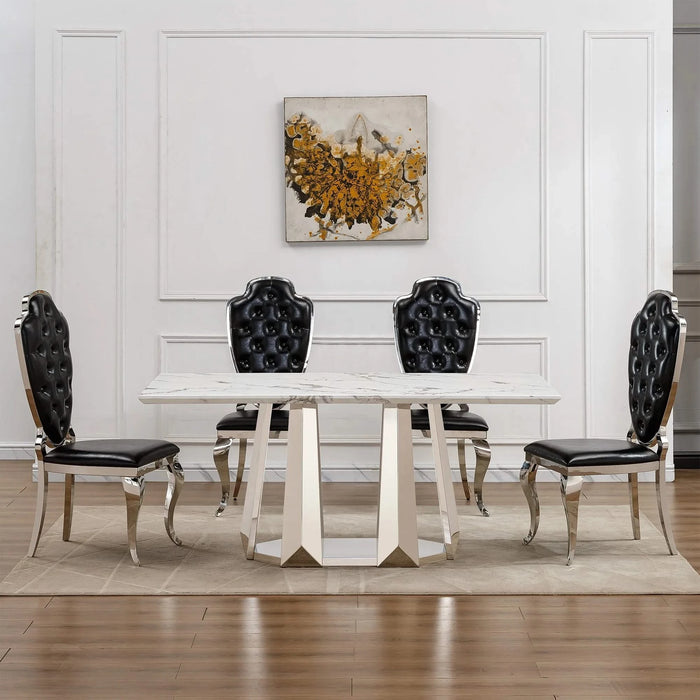 Marble Dining Table for 6 People, 70'' Rectangle Faux Marble Dining Table with Mirrored Finish Stainless Steel Base, Modern Large Size Marble Kitchen Table (Silver,White)(only table) Default -DTYStore