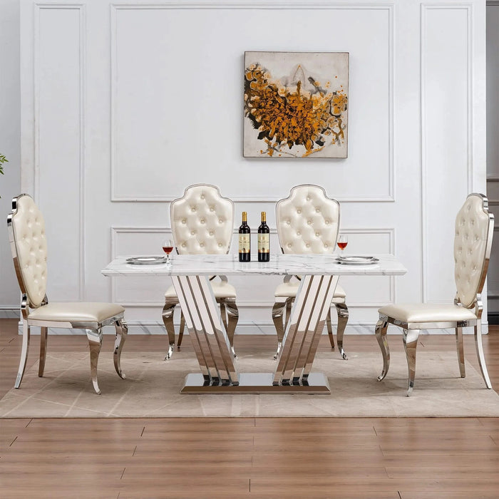 Marble Dining Table for 6 People, 70'' Rectangle Faux Marble Dining Table with Mirrored Finish Stainless Steel Base, Modern Large Size Marble Kitchen Table (Silver,White)(only table) Default -DTYStore