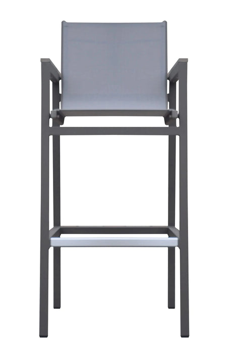 Marina Outdoor Patio Barstool in Gray Powder Coated Finish with Gray Sling Textilene and Gray Wood Accent Arms Default -DTYStore