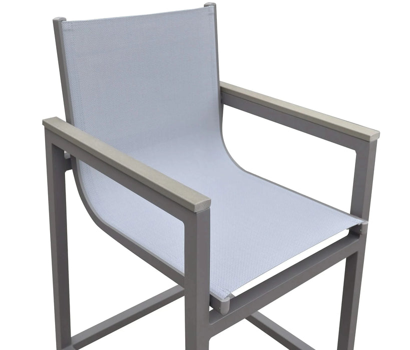 Marina Outdoor Patio Barstool in Gray Powder Coated Finish with Gray Sling Textilene and Gray Wood Accent Arms Default -DTYStore