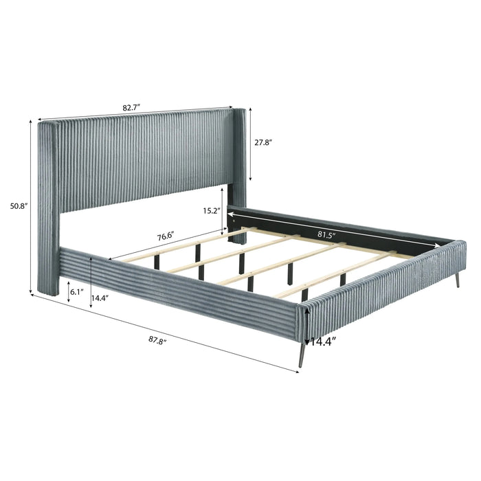 Mavela Wide Wale Corduroy Upholstery Panel King Bed with 2 Nightstands, Blue Default -DTYStore