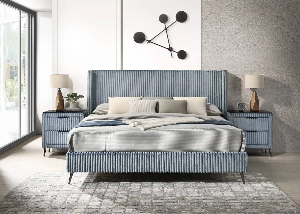 Mavela Wide Wale Corduroy Upholstery Panel King Bed with 2 Nightstands, Blue Default -DTYStore