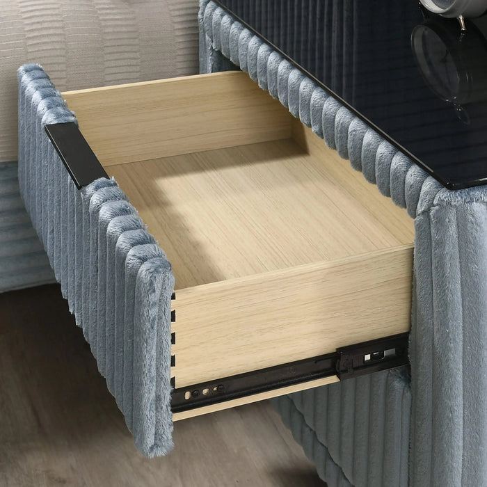 Mavela Wide Wale Corduroy Upholstery Panel King Bed with 2 Nightstands and Bench, Blue Default -DTYStore