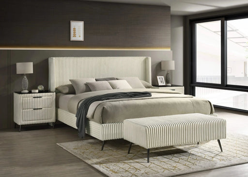 Mavela Wide Wale Corduroy Upholstery Panel King Bed with 2 Nightstands and Bench, Cream Default -DTYStore