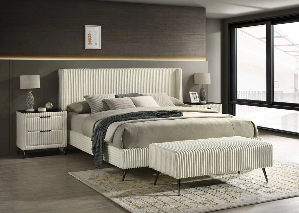 Mavela Wide Wale Corduroy Upholstery Panel King Bed with 2 Nightstands and Bench, Cream Default -DTYStore
