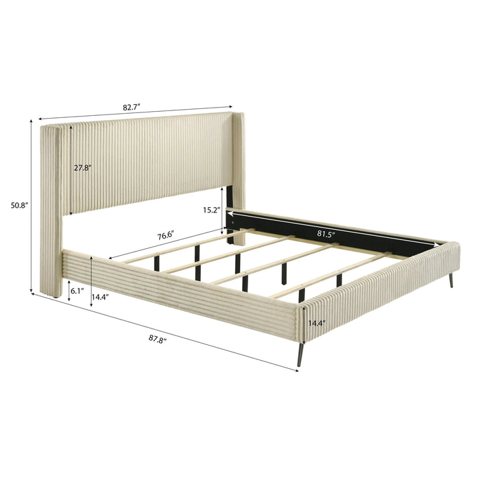 Mavela Wide Wale Corduroy Upholstery Panel King Bed with 2 Nightstands and Bench, Cream Default -DTYStore