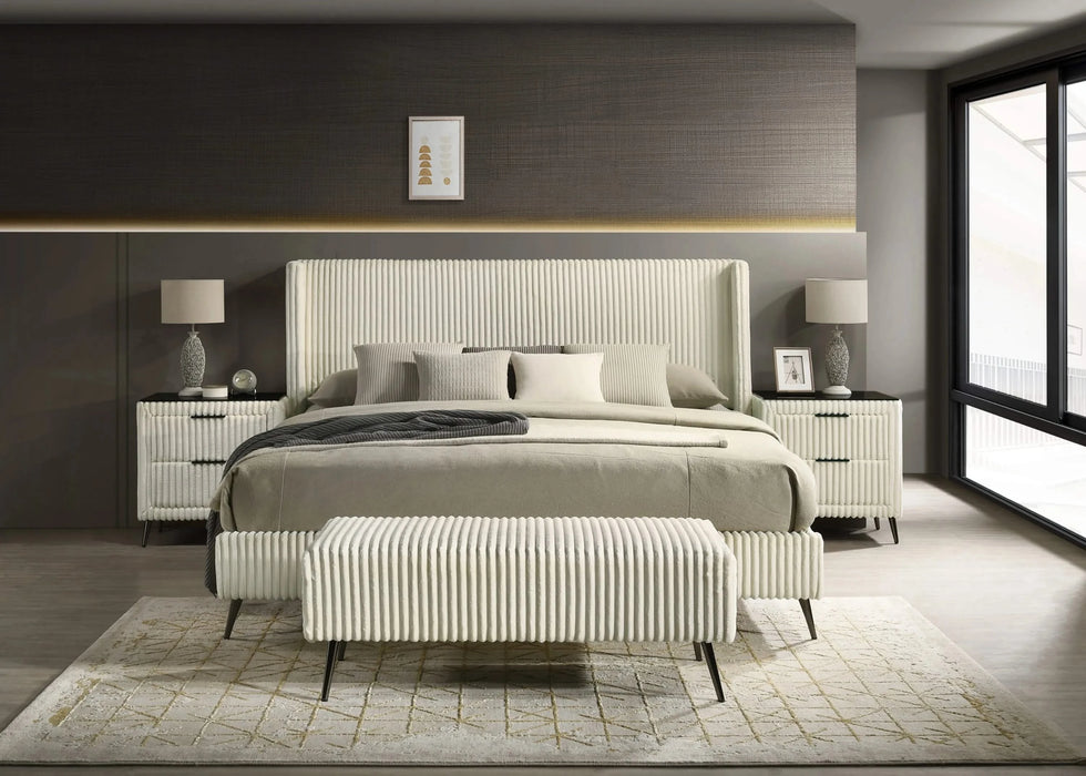 Mavela Wide Wale Corduroy Upholstery Panel King Bed with 2 Nightstands and Bench, Cream Default -DTYStore