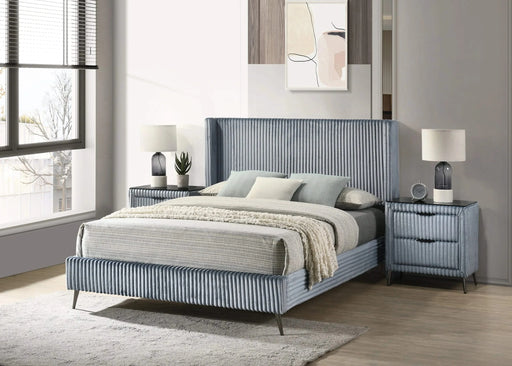 Mavela Wide Wale Corduroy Upholstery Panel Queen Bed with 2 Nightstands, Blue Default -DTYStore