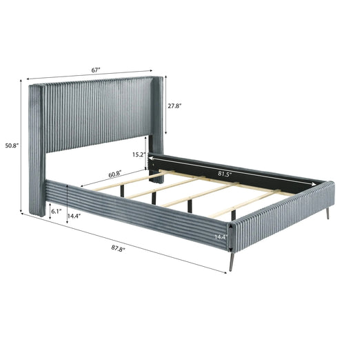 Mavela Wide Wale Corduroy Upholstery Panel Queen Bed with 2 Nightstands, Blue Default -DTYStore