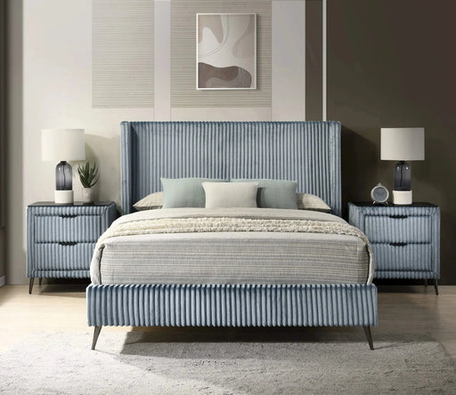 Mavela Wide Wale Corduroy Upholstery Panel Queen Bed with 2 Nightstands, Blue Default -DTYStore