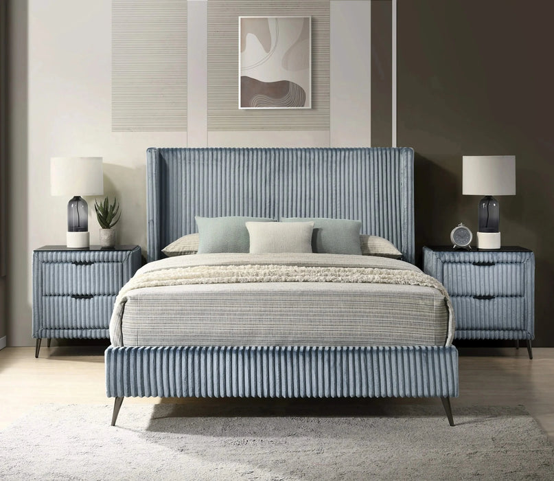 Mavela Wide Wale Corduroy Upholstery Panel Queen Bed with 2 Nightstands, Blue Default -DTYStore