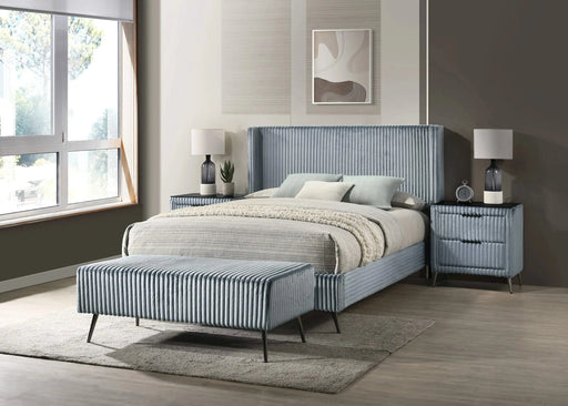 Mavela Wide Wale Corduroy Upholstery Panel Queen Bed with 2 Nightstands and Bench, Blue Default -DTYStore
