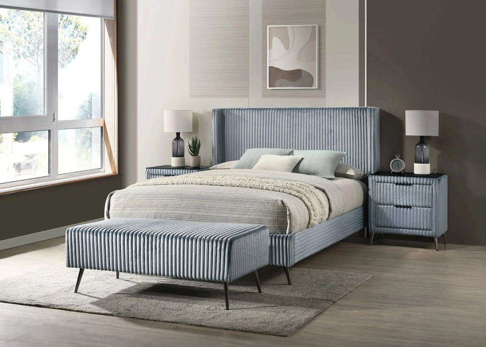 Mavela Wide Wale Corduroy Upholstery Panel Queen Bed with 2 Nightstands and Bench, Blue Default -DTYStore