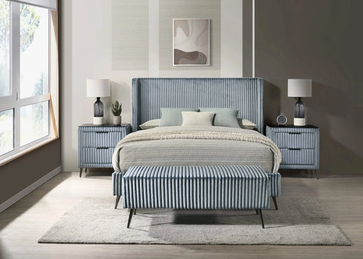 Mavela Wide Wale Corduroy Upholstery Panel Queen Bed with 2 Nightstands and Bench, Blue Default -DTYStore